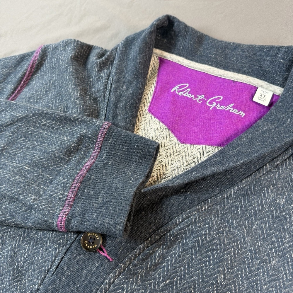 Robert Graham Cardigan Sweater Mens XL Blue Shawl Collar Herringbone Elbow Patch